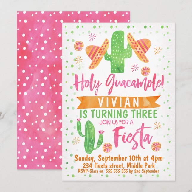 Girls Watercolor Fiesta Birthday Invitation (Front/Back)