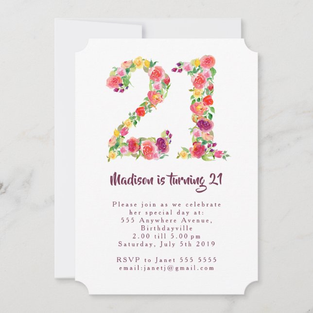 Girls Watercolor Floral 21st Birthday Party Shaped Invitation (Front)
