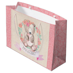 Girls Watercolor Floral Baby Bear Baby Shower Large Gift Bag