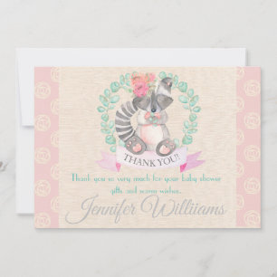 Girls Watercolor Floral Baby Racoon Baby Shower Thank You Card