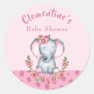 Girl's Watercolor Floral Elephant Pink Baby Shower Classic Round Sticker
