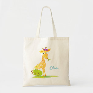 Girls Watercolor Giraffe Personalised Cute Animal Tote Bag