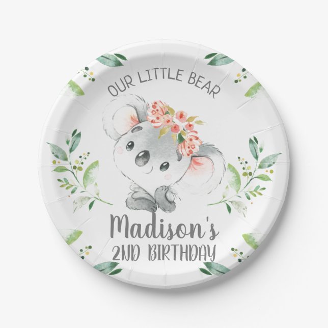 Girls Watercolor Koala Bear Birthday Paper Plate (Front)