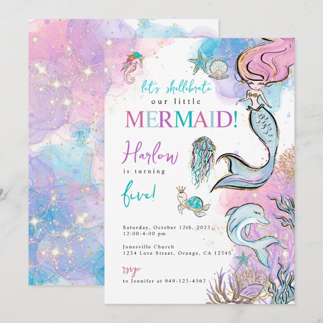 Girl's Watercolor Mermaid Birthday Invitation (Front/Back)