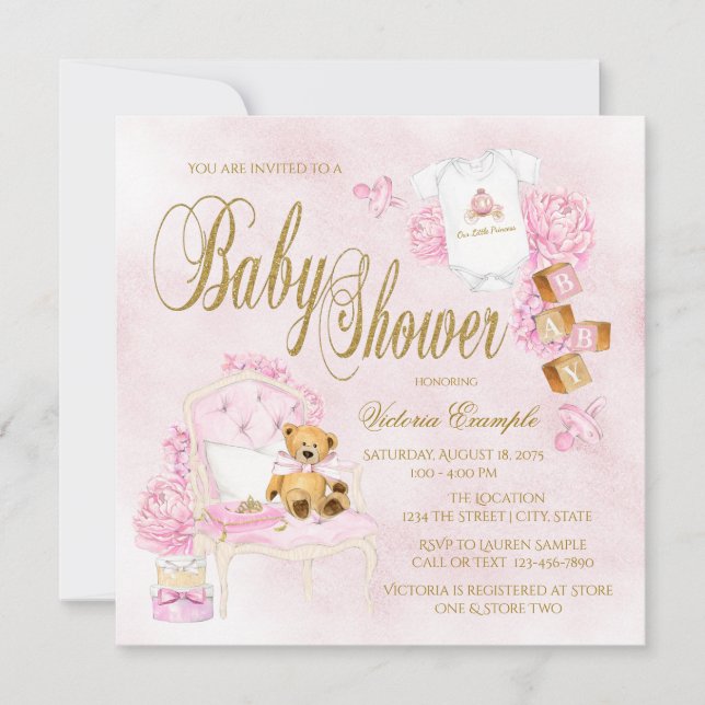 Girls Watercolor Pink Gold Baby Shower Invitations (Front)