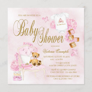 Girls Watercolor Pink Gold Baby Shower Invitations