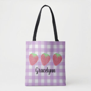 Girls Watercolor Strawberry Trio and Plaid Tote Ba Bag