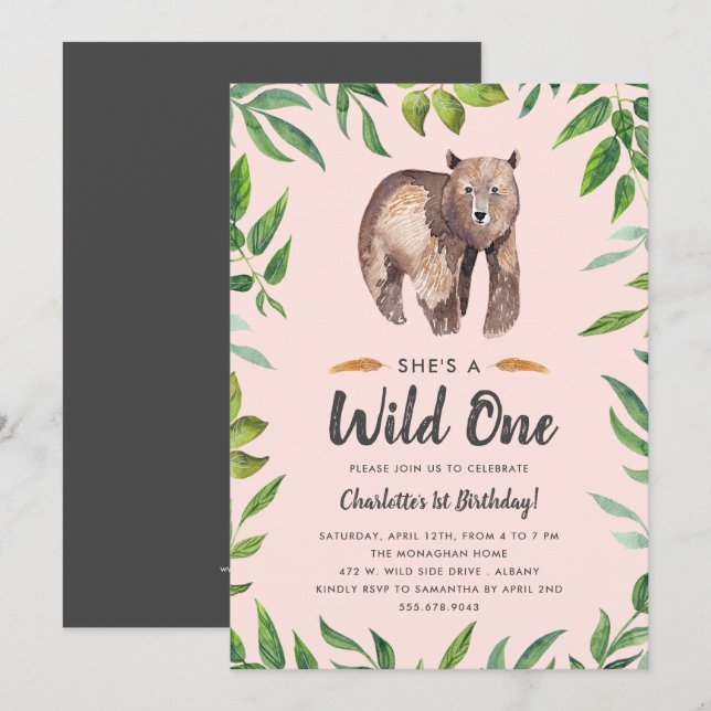 Girls Watercolor Wild One Birthday | Blush Invitation (Front/Back)