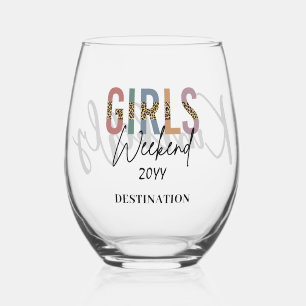 Girls Weekend Cheetah Print Girls trip getaway Stemless Wine Glass