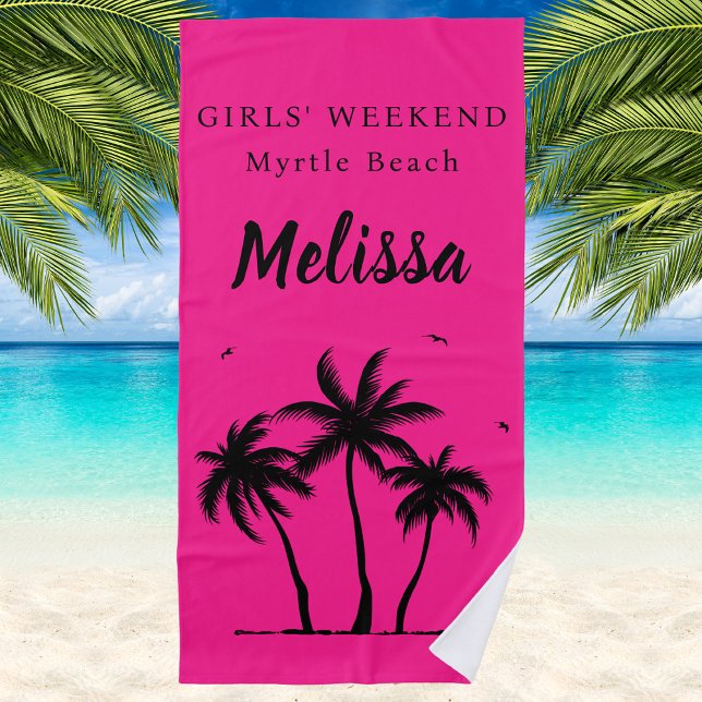 Girls Weekend Girly Palm Trees Monogram Beach Towel (Creator Uploaded)