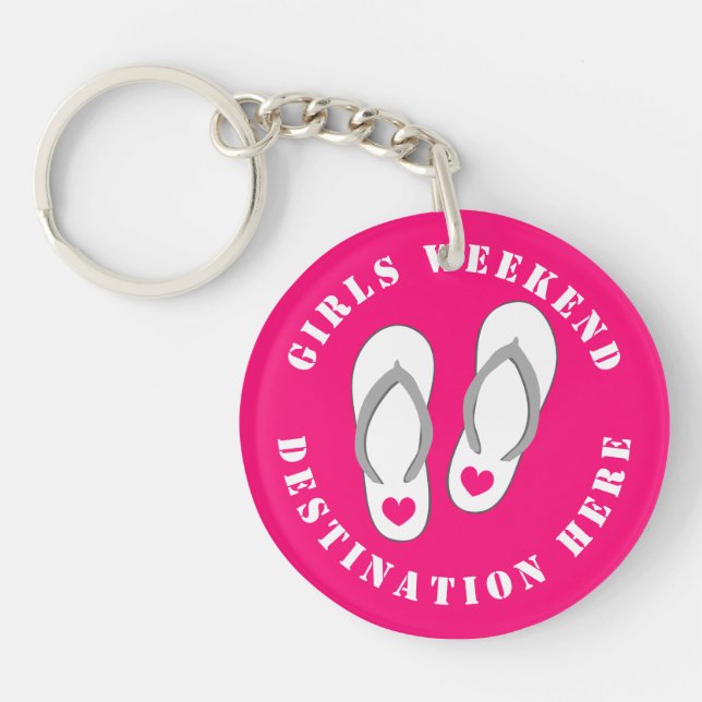 Girls weekend trip beach sandals destination pink key ring (Front)