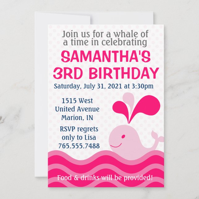 Girl's Whale Pink Birthday Party Invitation (Front)