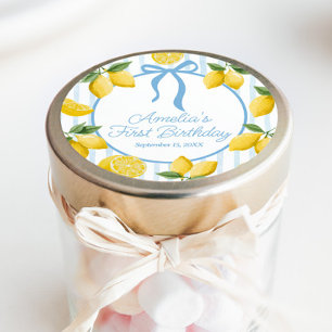 Girls Whimsical Blue Bow Lemon Amalfi Birthday Classic Round Sticker