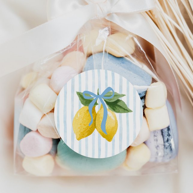 Girls Whimsical Blue Bow Lemon Amalfi Birthday Classic Round Sticker (Creator Uploaded)