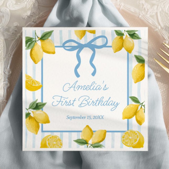 Girls Whimsical Blue Bow Lemon Amalfi Birthday Napkin (Creator Uploaded)