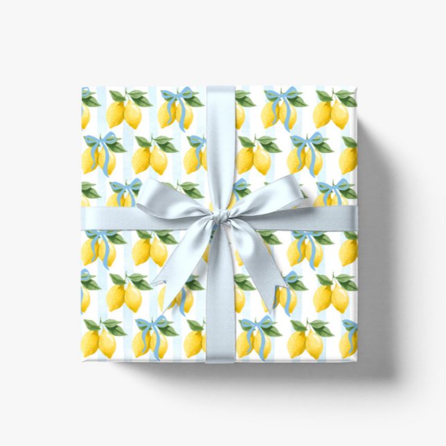 Girls Whimsical Blue Bow Lemon Amalfi Birthday Wrapping Paper (Creator Uploaded)