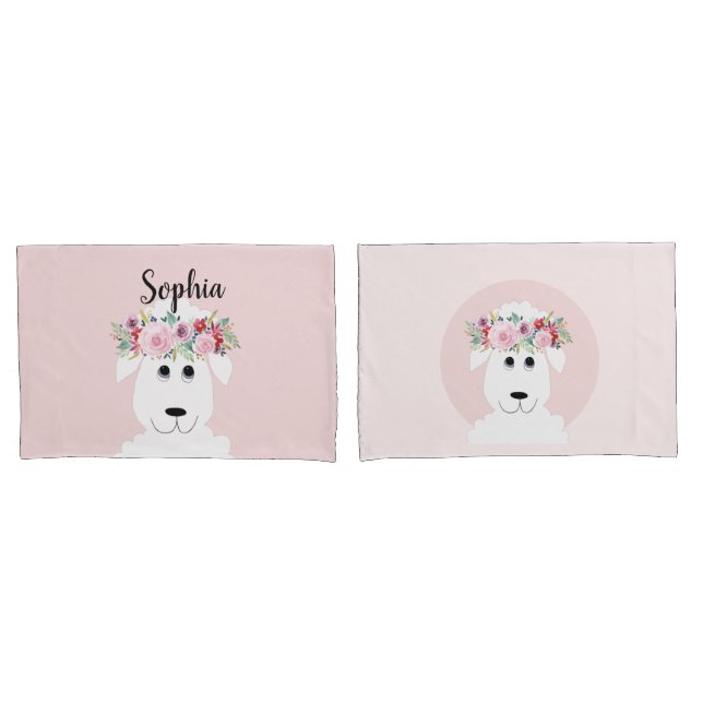Girls Whimsical Farm Sheep Cartoon and Name Kids Pillowcase (Front-Set)