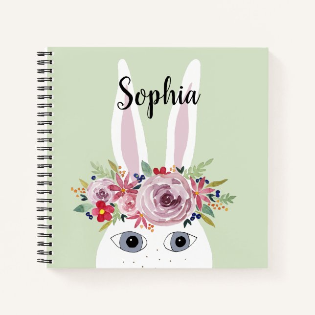 Girls Whimsical Floral Watercolor Rabbit and Name Notebook (Front)