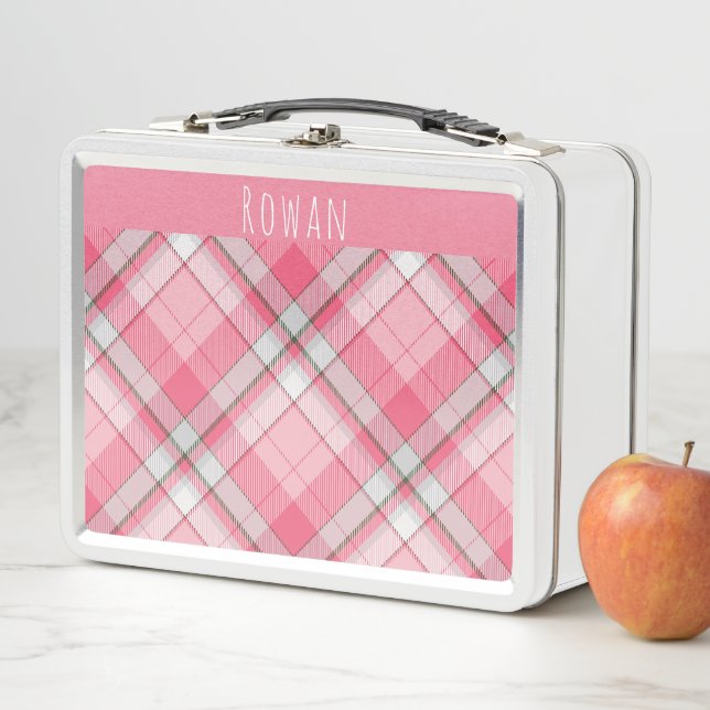 Girls Whimsical Pink and White Plaid Kids Metal Lunch Box (In Situ)