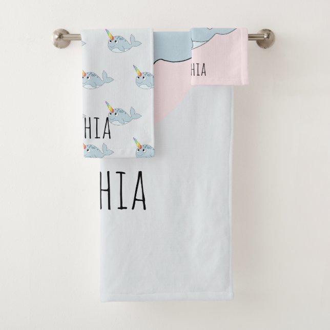 Girls Whimsical Rainbow Narwhal Cartoon Name Kids Bath Towel Set (Insitu)