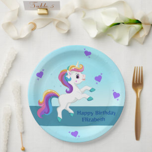 Girls Whimsical Teal Unicorn BIrthday Party Paper Plate