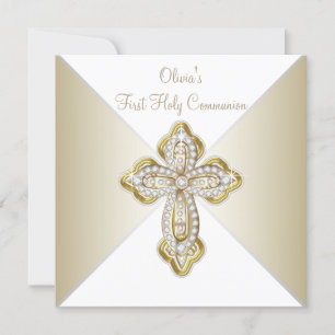 Girls White and Gold First Communion Invitation