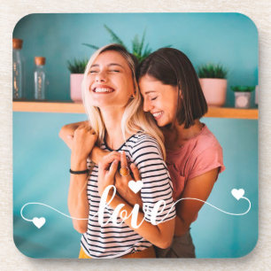 Girls White Love Script With Heart Valentine Coaster