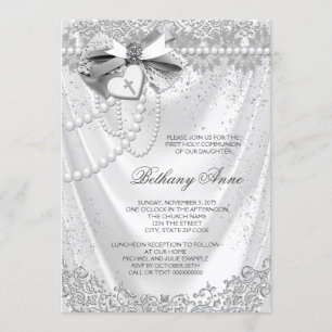 Girls White Satin First Communion Invitation