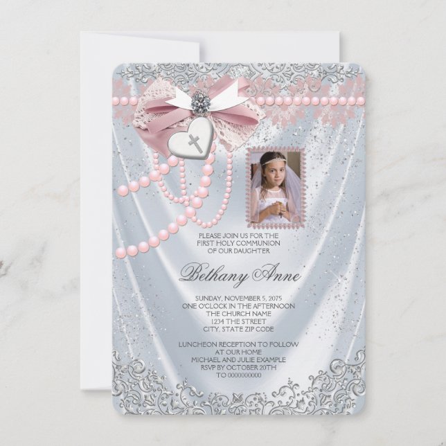 Girls White Satin Photo First Communion Invitation (Front)