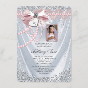 Girls White Satin Photo First Communion Invitation