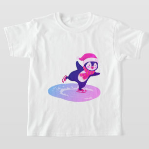  girl's white t-shirt with a penguin ice skating 
