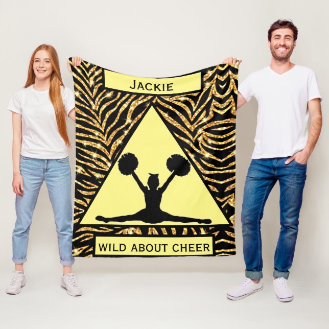 Girls "Wild About Cheer" Gold Black Yellow Zebra Fleece Blanket (In Situ)