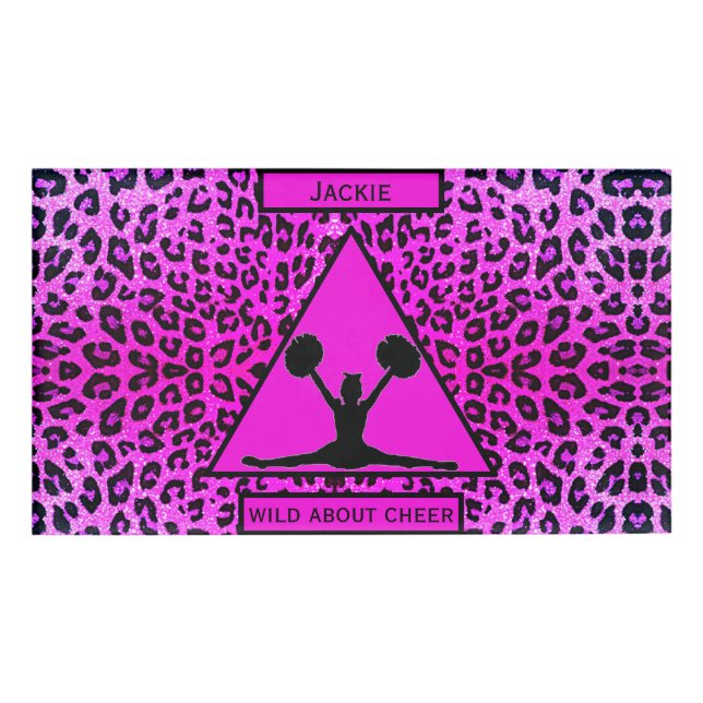 Girls "Wild About Cheer" Pink Leopard   Name Tag (Front)