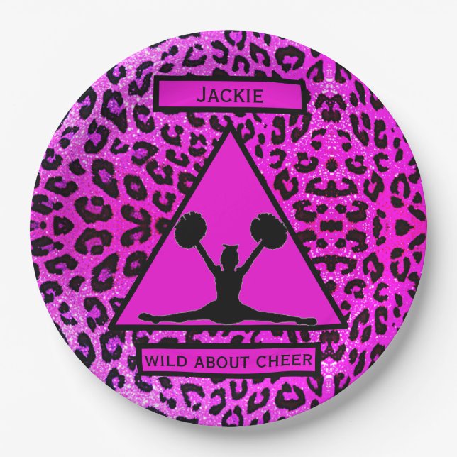 Girls "Wild About Cheer" Pink Leopard  Paper Plate (Front)