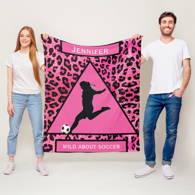 Girls "Wild About Soccer" Pink Leopard Fleece Blanket (In Situ)