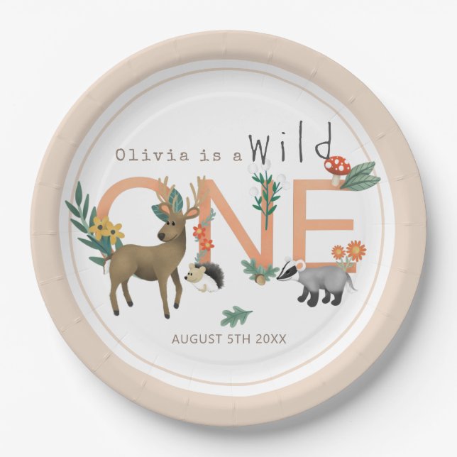 Girls Wild One Pink Woodland Animals 1st Birthday Paper Plate (Front)