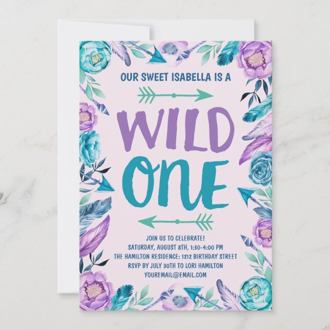 Girls Wild One Watercolor Boho 1st Birthday Party Invitation (Front)
