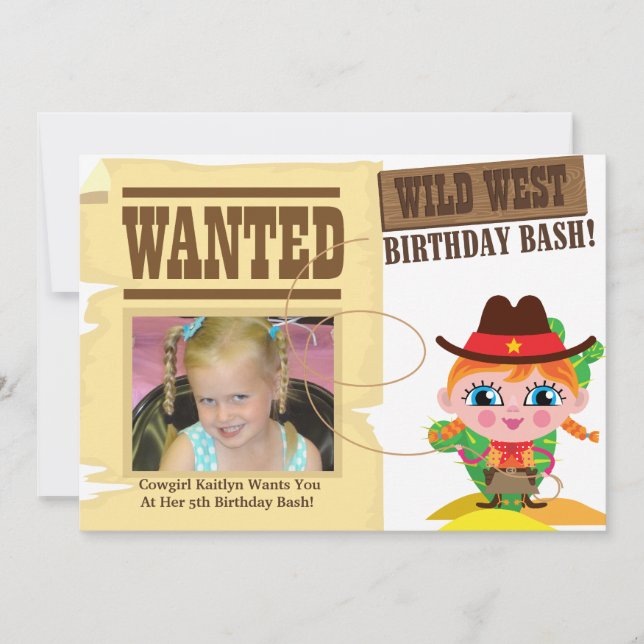 Girls Wild West Western Cowgirl Birthday Invite (Front)