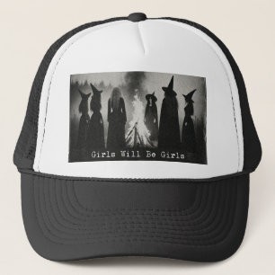 "Girls Will Be Girls" Vintage Witch Trucker Hat –
