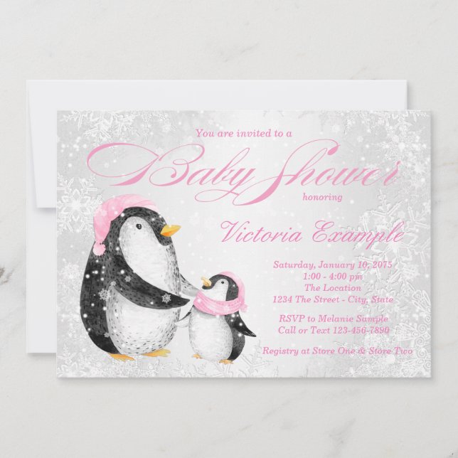 Girls Winter Baby Pengiun Baby Shower Invitation (Front)