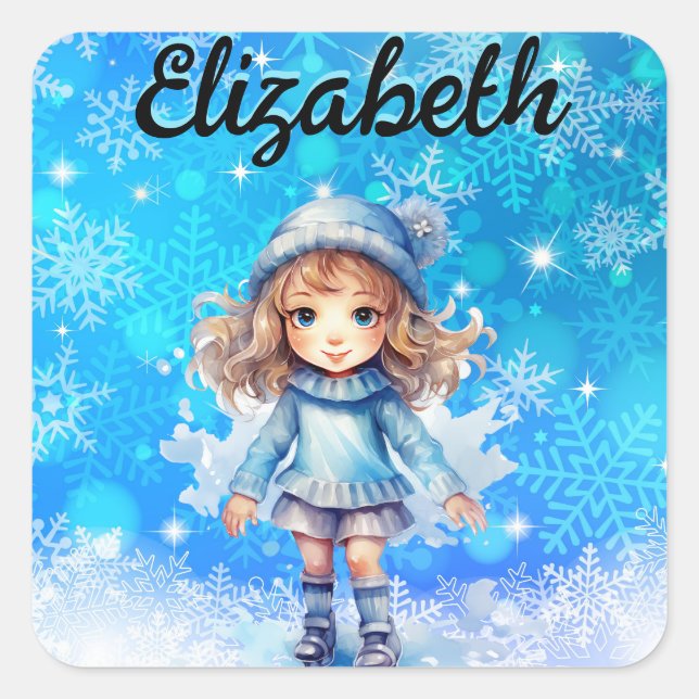 Girls Winter Ice Skate Figure Skate Snowflake Square Sticker (Front)