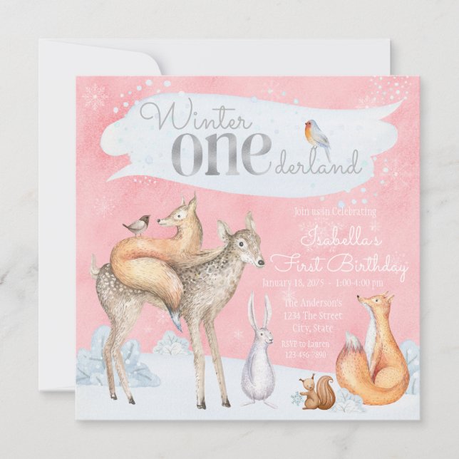 Girls Winter Onederland Woodland First Birthday Invitation (Front)