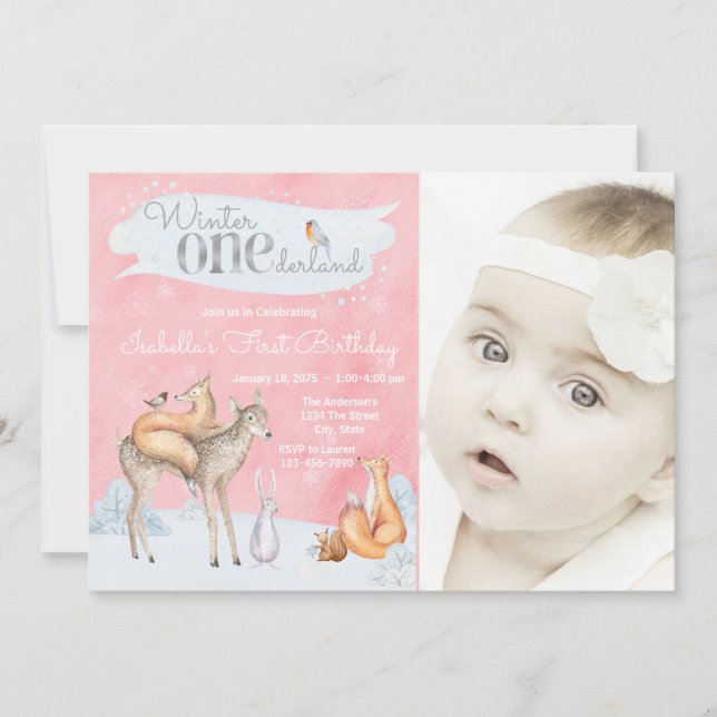 Girls Winter ONEderland Woodland Photo Birthday Invitation (Front)