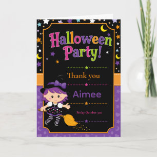 Girls Witch Halloween Party Thank You Card