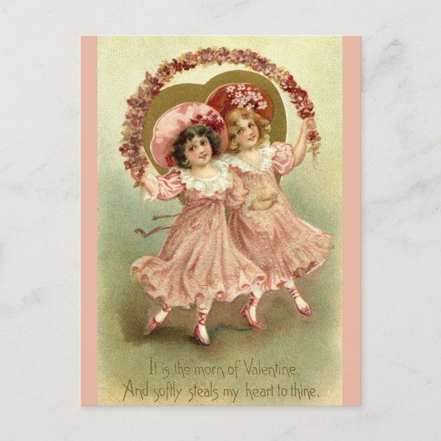 Girls with Flowers - Victorian Valentine Postcard (Front)