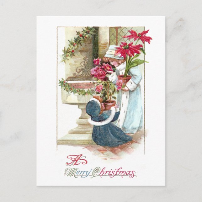 Girls with Potted Plants Vintage Christmas Holiday Postcard (Front)