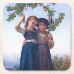 Girls with The Cherry Branch, Bouguereau Square Paper Coaster