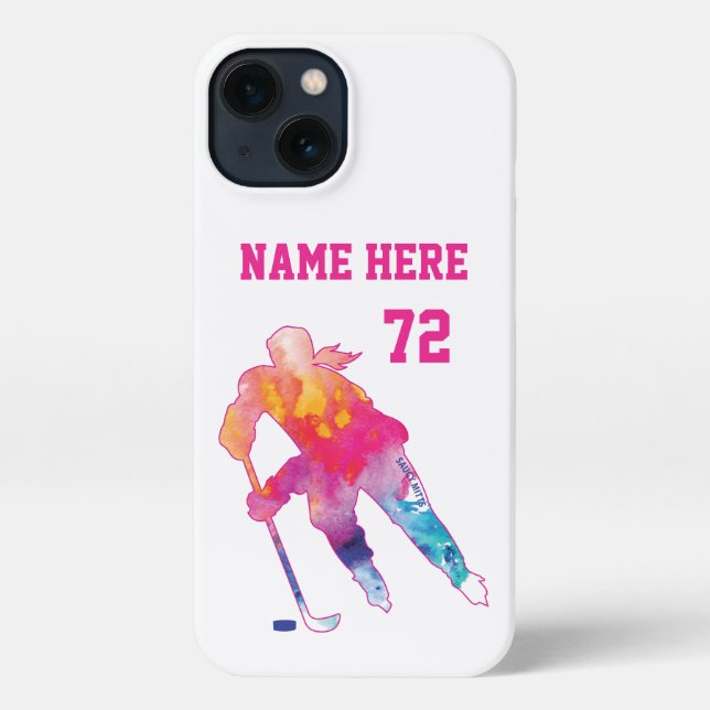 Girls Womens Personalised Hockey Player Watercolor iPhone Case (Back)