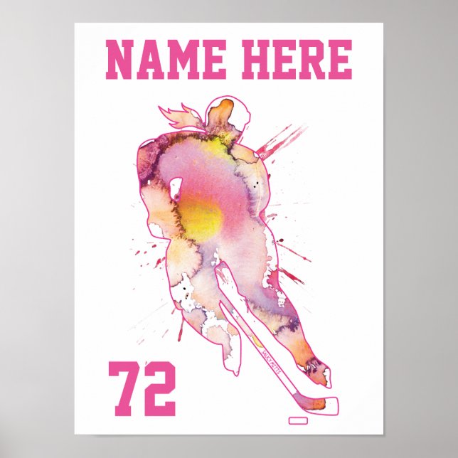 Girls Womens Personalised Hockey Player Watercolor Poster (Front)