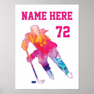 Girls Womens Personalised Hockey Player Watercolor Poster
